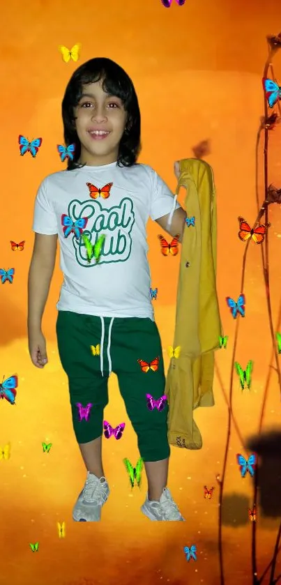 A child stands amid vibrant butterflies on an orange background.