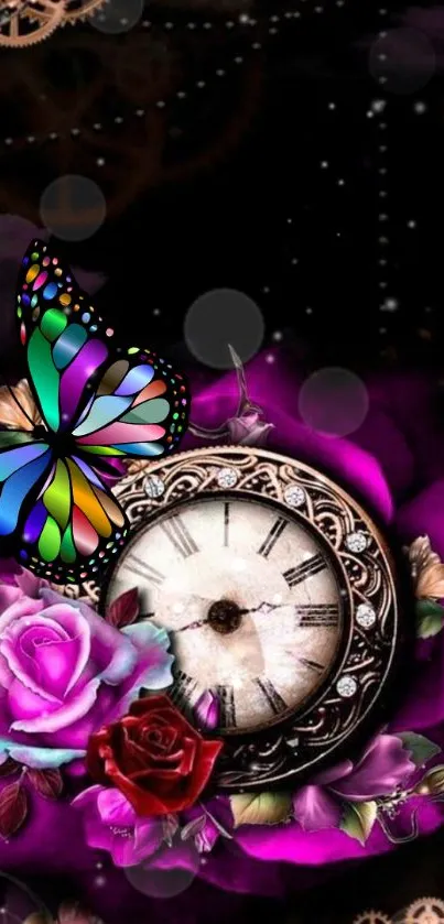 Vibrant clock and butterfly with roses on a colorful wallpaper background.