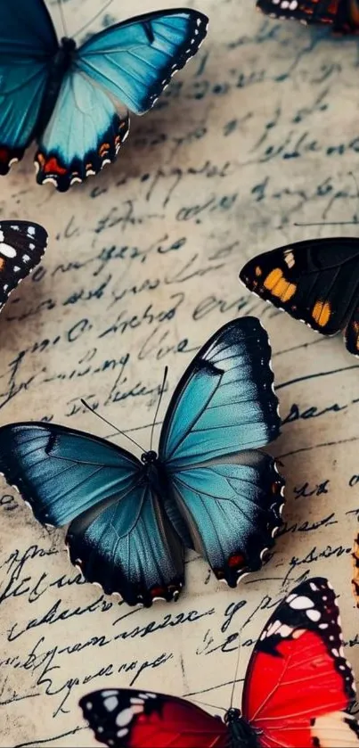 Colorful butterflies on vintage script background.