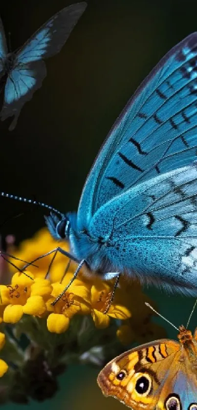 Colorful butterflies on yellow flowers, nature wallpaper.
