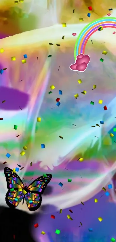 Colorful butterfly and rainbow with confetti mobile wallpaper.