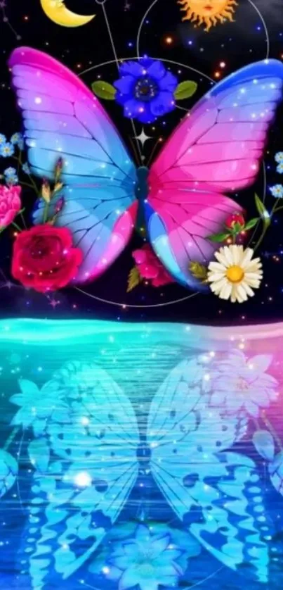 Colorful butterfly with cosmic elements and flowers in vibrant hues.