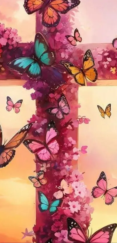 Cross adorned with colorful butterflies and flowers.