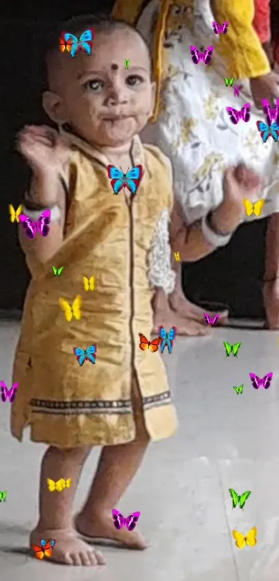 Child in beige outfit dancing with colorful butterflies.