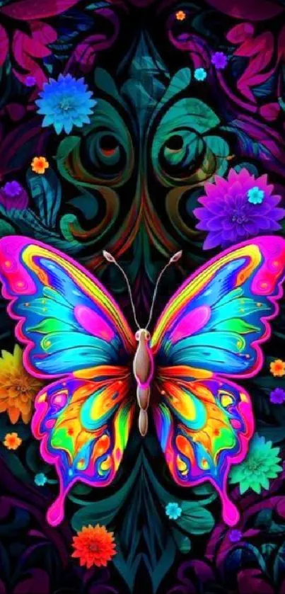 Colorful butterfly with floral accents on black background.