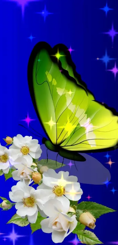 Bright butterfly with flowers on a royal blue starry background.