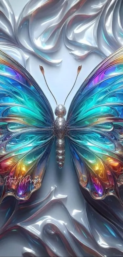 Vibrant butterfly with colorful wings on decorative background.