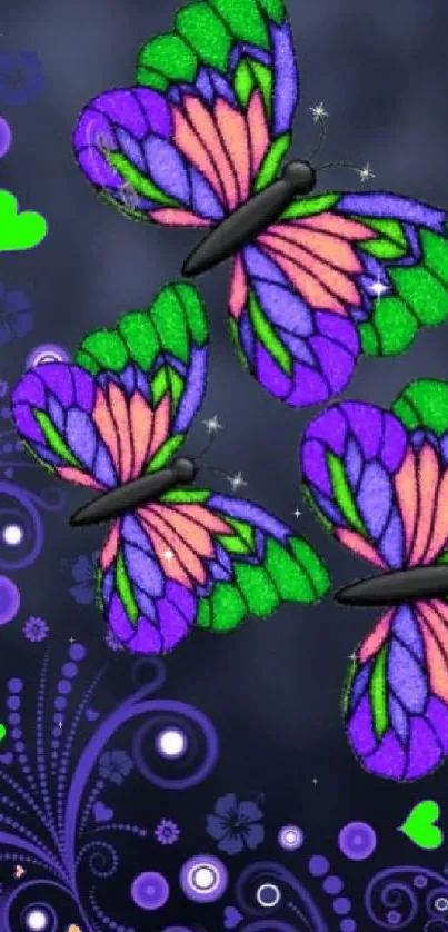 Colorful butterflies and floral patterns on a vibrant wallpaper.