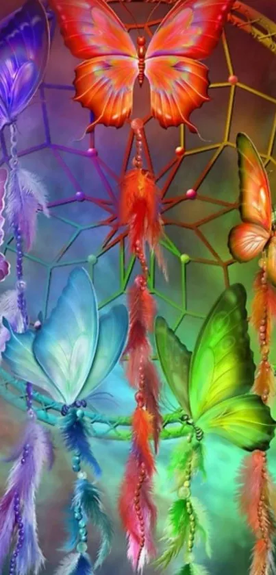 Mobile wallpaper featuring a colorful butterfly dreamcatcher with vibrant feathers.