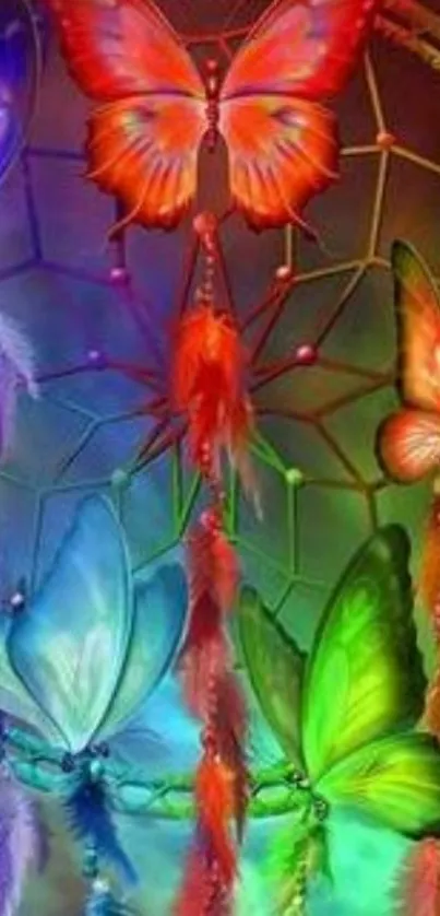 Colorful dreamcatcher with vibrant butterflies on a mobile wallpaper background.