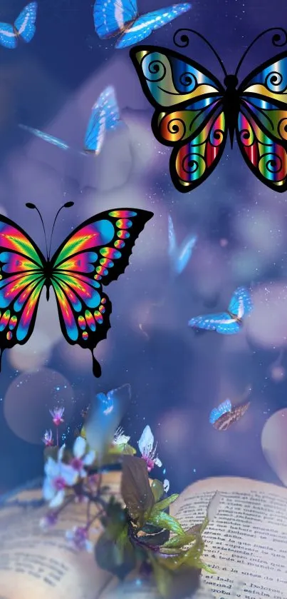 Colorful butterflies above an open book in a dreamy scene.