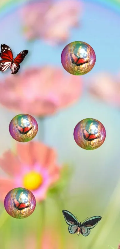 Vibrant mobile wallpaper with butterflies, bubbles, pink flowers, and a rainbow.