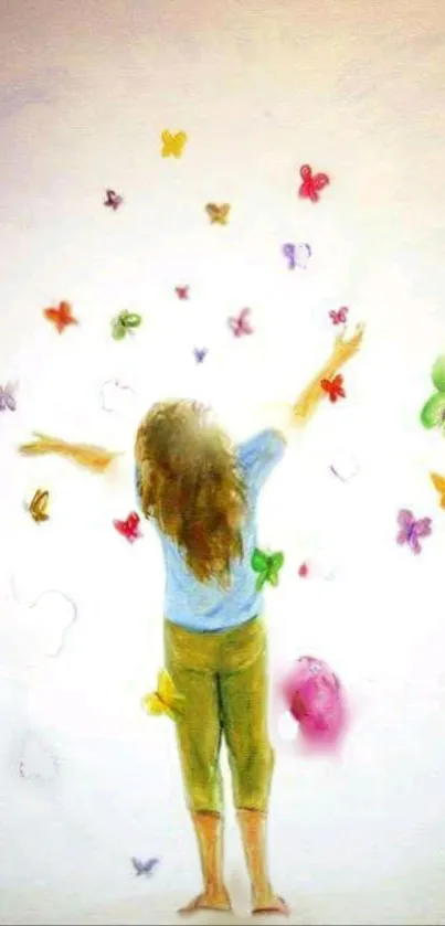 Girl with colorful butterflies on dreamy wallpaper.