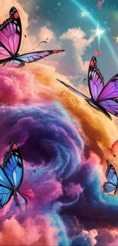Colorful butterflies fluttering in a cosmic dreamscape.
