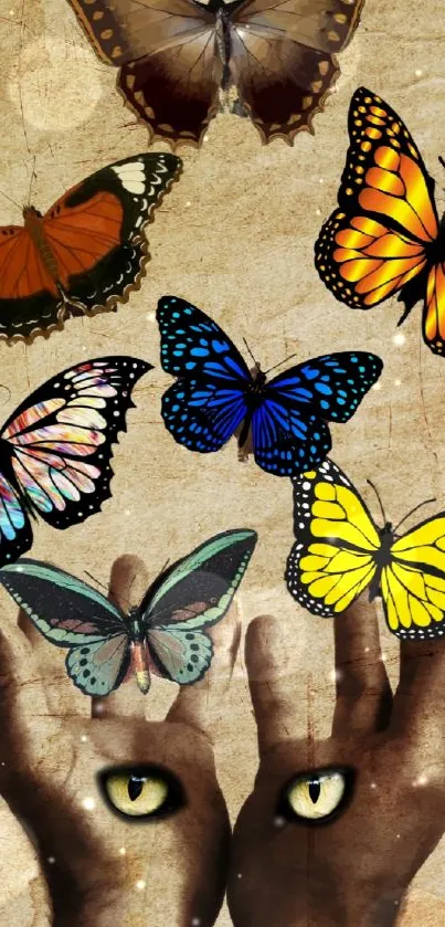 Artistic wallpaper of colorful butterflies above hands.