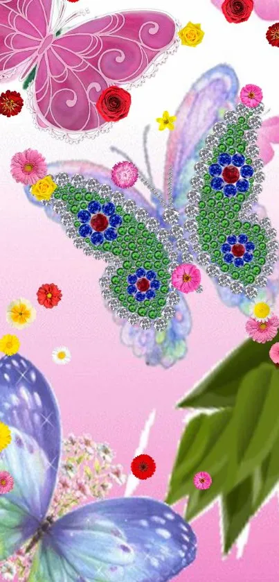 Elegant pink butterfly wallpaper with floral accents and sparkling details.