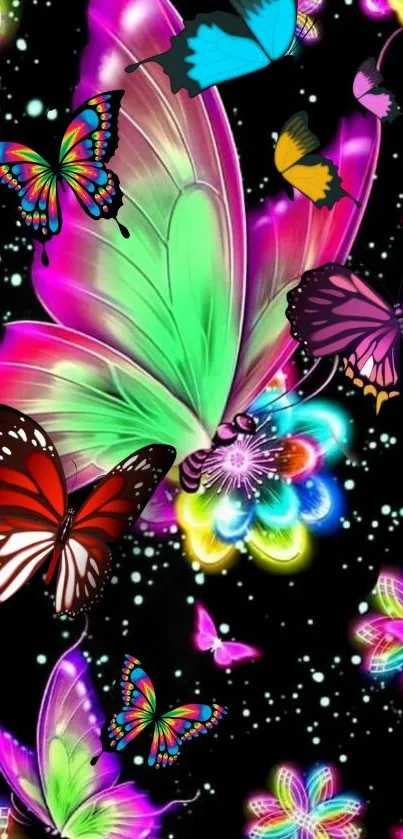 Vibrant butterfly wallpaper with neon colors on a black background.