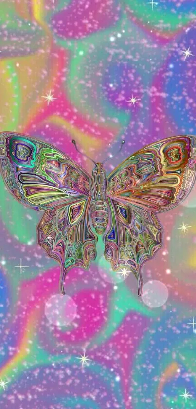 Psychedelic butterfly with rainbow colors on a starry, dreamy background.