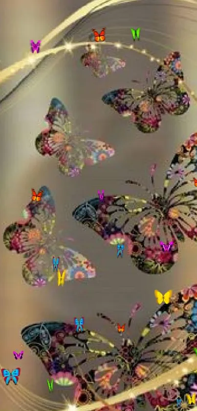 Elegant wallpaper featuring colorful butterflies and golden swirls.