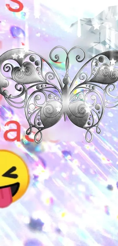 Vibrant wallpaper with silver butterfly, colorful background, and emoji.