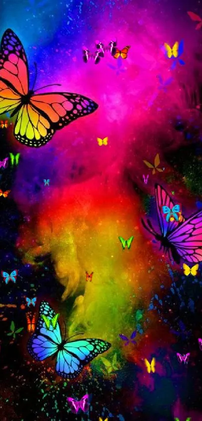 Bright, colorful butterflies dance in a kaleidoscopic explosion.