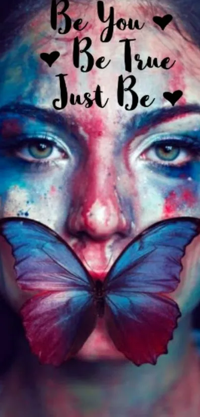 Colorful butterfly on artistic face with vibrant design.