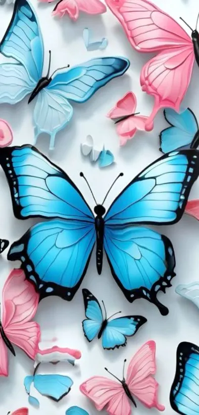 Colorful blue and pink butterfly wallpaper, artistic design.