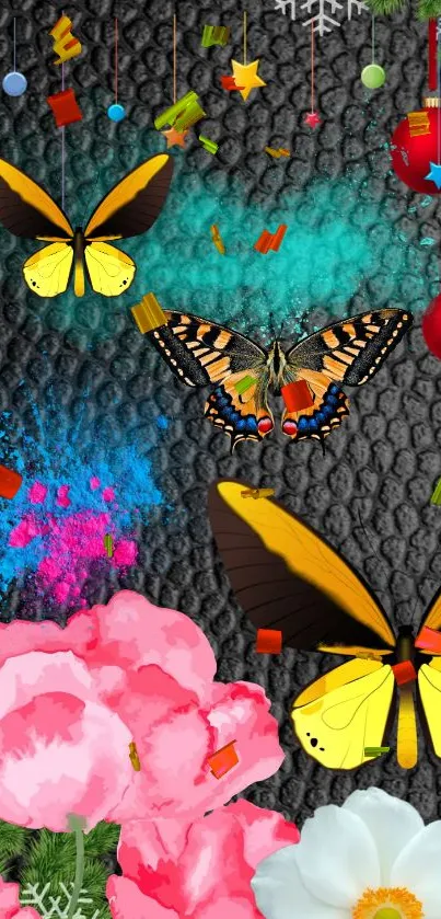 Colorful butterflies with floral and holiday decorations on a dark textured background.