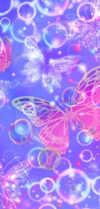 Colorful fantasy butterfly wallpaper with purple hues and sparkles.