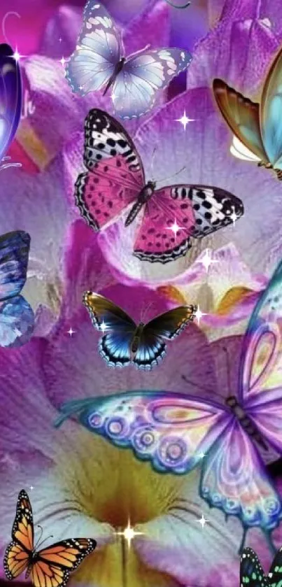 Vibrant butterflies on a purple floral background.