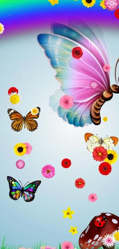 Colorful fantasy butterfly wallpaper with rainbow and flowers.