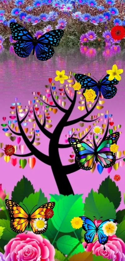 Colorful butterflies on a mystical tree with vibrant flowers.