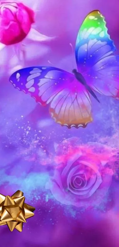 Colorful butterfly and roses on a purple background mobile wallpaper.
