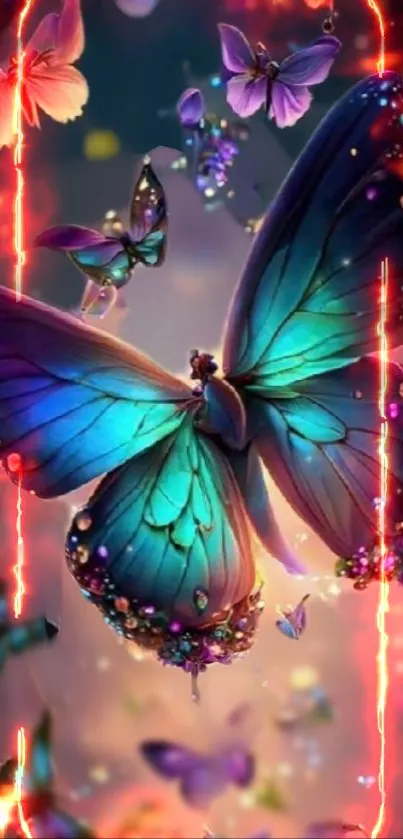 Vibrant fantasy wallpaper with glowing butterflies and mystical background.