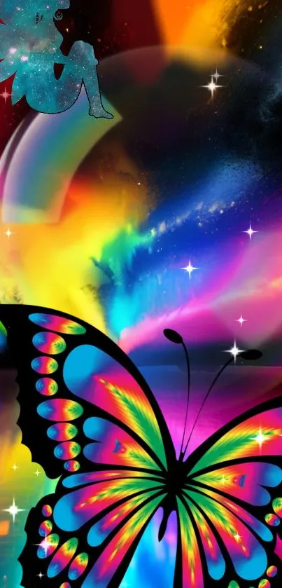 Vibrant butterfly and cosmic scene with colorful fantasy elements.