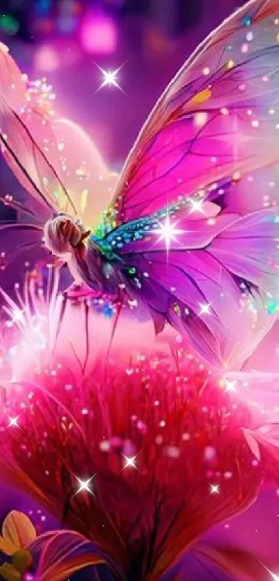 Colorful butterfly on luminous flower in fantasy setting.