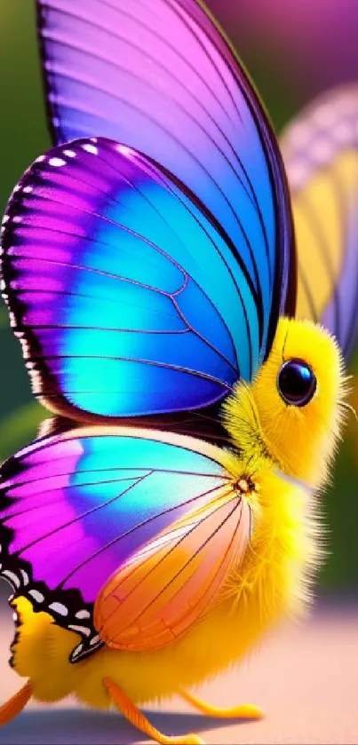 Vibrant butterfly with yellow body and colorful wings in a garden setting.