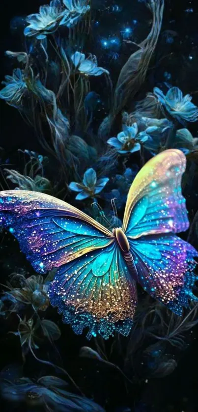Vibrant blue butterfly with floral background in fantasy style.