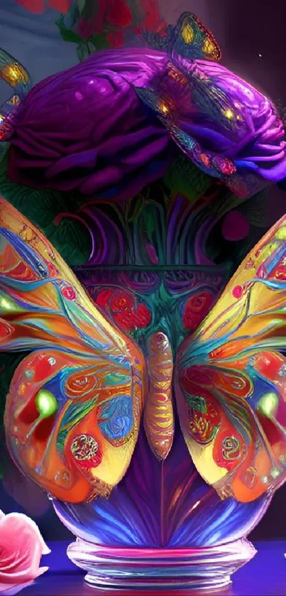 Colorful butterfly and flowers in a fantasy art style.