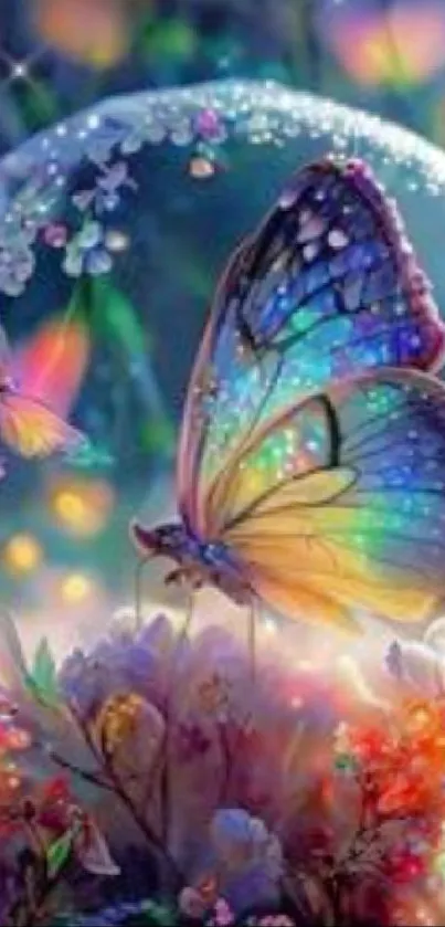 Vivid butterfly in a fantasy floral scene as phone wallpaper.