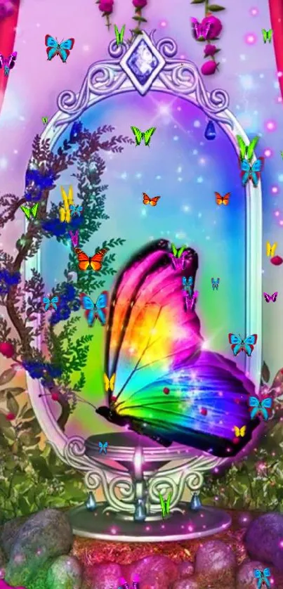 Vibrant butterfly in fantasy scene with rainbow hues and floral details.