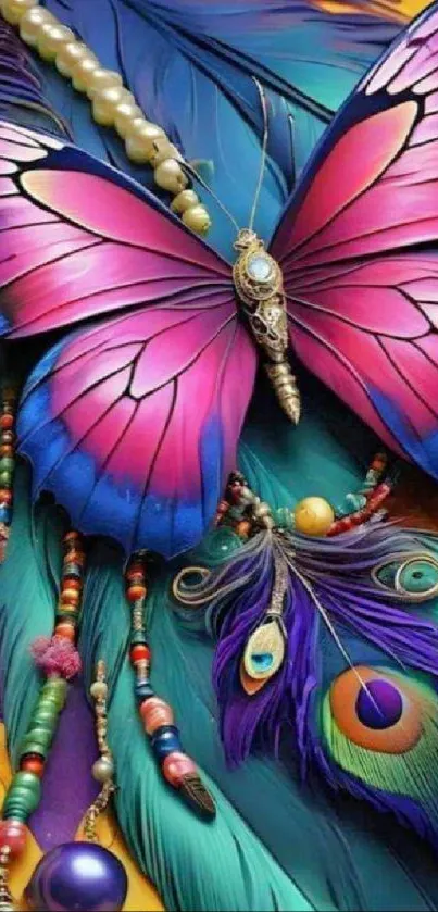 Colorful butterfly with feathers and beads in a fantasy design.