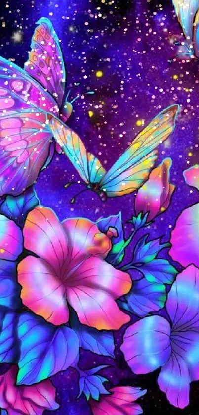 Vivid neon butterflies and flowers in cosmic art design.