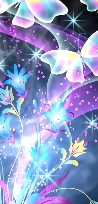 Colorful butterfly fantasy art wallpaper with floral designs.