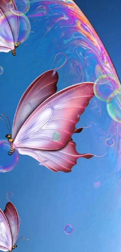 Colorful butterflies with swirls on blue background.