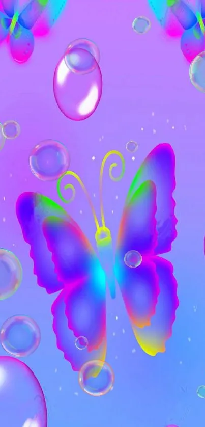 Colorful butterfly on purple background with bubbles.