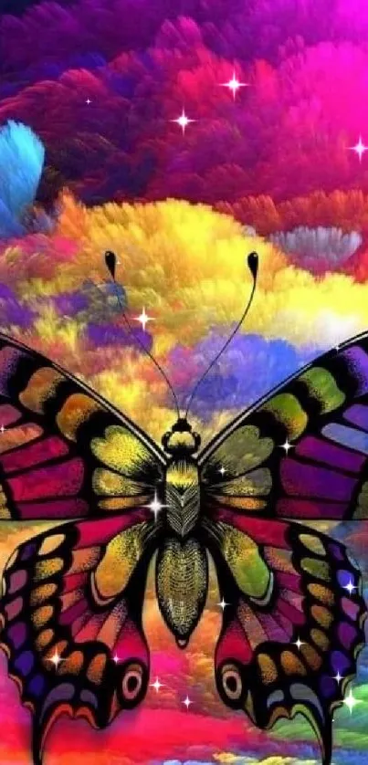 Vibrant butterfly with colorful abstract sky background.