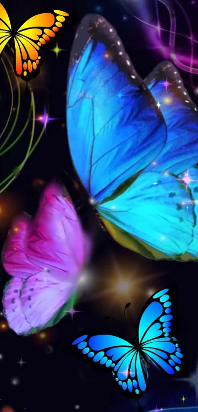 Colorful butterflies in vibrant neon hues on a dark abstract background.