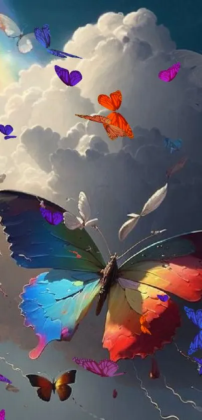 Colorful butterflies emerging from clouds under a rainbow.