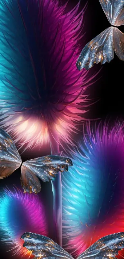 Vibrant butterfly fantasy art with colorful feathers on a dark background.